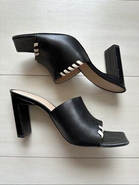 Wandler Black Leather Block Heel Mules with White Stitching